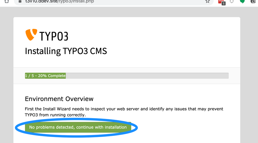 Screenshot of a browser with a TYPO3 install in progress, with emphasis on a button that reads “No problems detected, continue with installation”